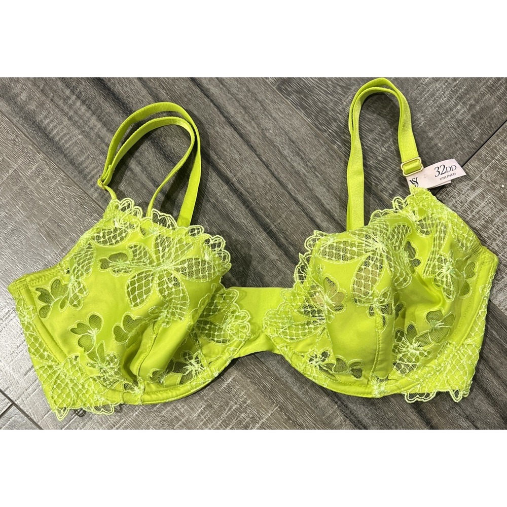 Victoria's Secret Very Sexy Lime Green Unlined Demi Satin Lace Bra 32DD NWT